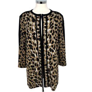 Misook Animal Leopard Print Cardigan Knit Jacket Black Tan Size Large